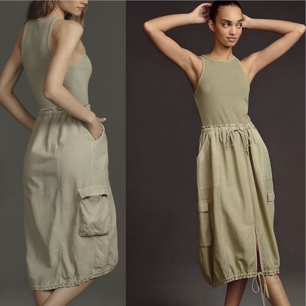 Sleeveless Olive Utility Midi Dress with Drawstring Waist